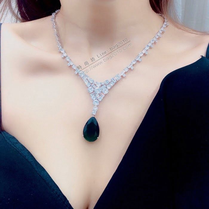 Bvlgari飾品 寶格麗奢華水滴綠色鑽項鏈 Bvlgari鑲寶石扇形裙子鑽項鏈  zgbq3264